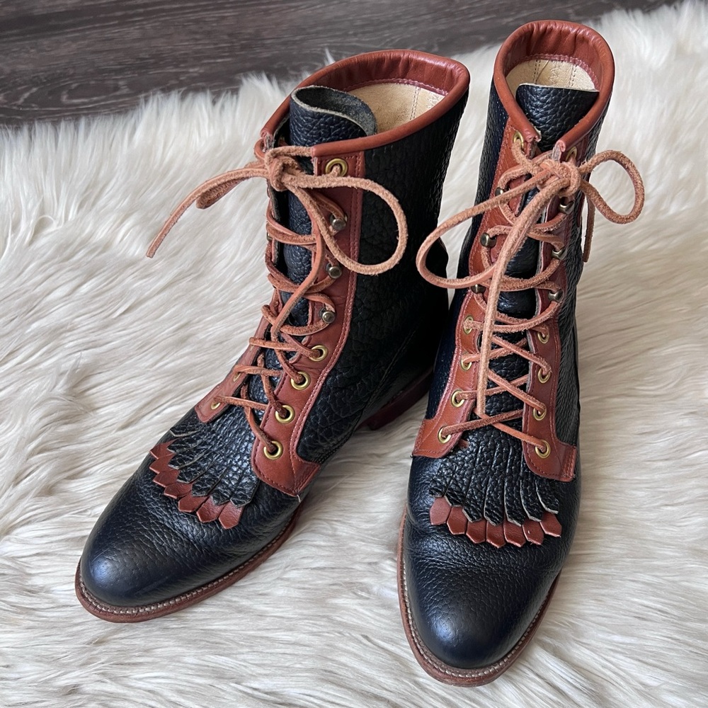 90s JUSTIN Vintage Kiltie Navy & Brown Leather Roper Cowboy Boots 7.5 Prairie - Picture 5 of 14